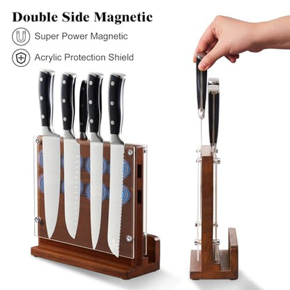ENOKING Magnetic Knife Block with Acrylic Shield, Double Side Kitchen Knife Holder without Knives- Acacia Wood Universal Knife Storage Organizer with Powerful Magnet for Kitchen Counter - size: 10*9 inches