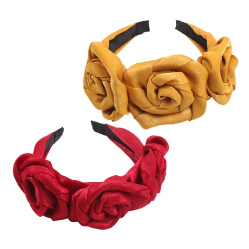 Beaupretty Rose Flower Headbands for Women 2pcs Floral Hairbands with Fabric Material Yellow and Red Colors Suitable for Spa Makeup and Face Washing Hair Accessories