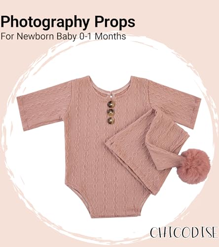 Newborn Photography Props, Infant Photoshoot Outfit Romper & Pom Pom Hat for Baby Boys Girls - color: Pink
