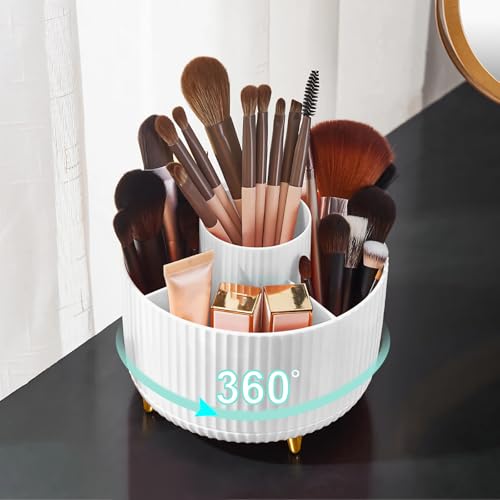 Diesisa Makeup Brush Holder Organizer,360° Rotating Makeup Brush Organizer,5 Slot Make up Brushes Cup for Cosmetics, Nail Polish, Art Supply, Bathroom Vanity Desktop Organizer - White - color: White