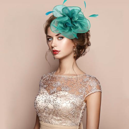 Fascinators Hats with Gloves Set for Women 20s 50s Cocktail Tea Party Wedding Costume Headwear - color: 03-teal