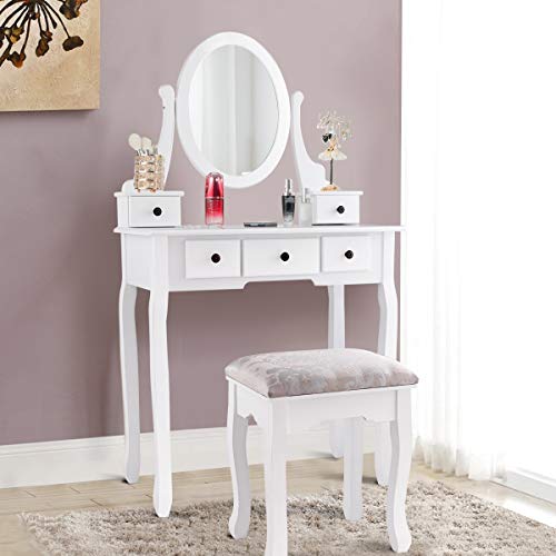 Giantex Girl Vanity Set with 5 Drawers, Makeup Dressing Table with Cushioned Stool for Modern Bedroom Apartment, White Vanity Desk for Women - color: White, style: 5 Drawers