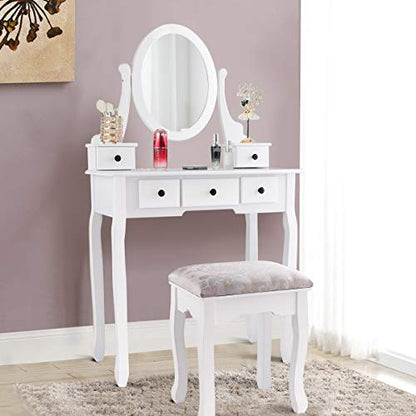 Giantex Girl Vanity Set with 5 Drawers, Makeup Dressing Table with Cushioned Stool for Modern Bedroom Apartment, White Vanity Desk for Women - color: White, style: 5 Drawers