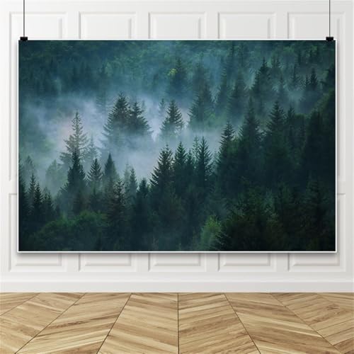 10x8ft Dark Foggy Forest Backdrop Enchanted Forest Old Trees Landscape Green Leaves Fog Nature Background Picture for Birthday Party Decorations Portrait Photo Studio Props - color: Green B, size: 10x8ft