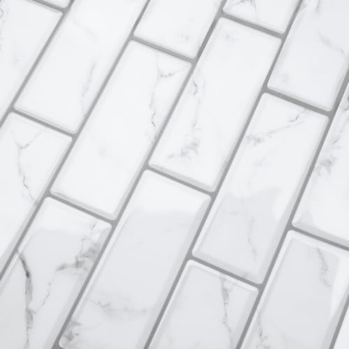 WESTICK Peel and Stick Backsplash Tile 10 Sheets Peel and Stick Subway Backsplash Grey Marble Back Splash Sticky Tiles Oil-Proof Tile Stickers Waterproof Wall Tiles for Kitchen Bathroom DIY 12”x12” - color: 2.Marble white