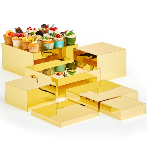 Leinuosen 7 Pcs Large Buffet Risers Set 6" to 12" Acrylic Display Box Catering Dessert Table Riser Food Display Decorative Stand with Hollow Bottom for Catering Supplies(Gold, Square) - color: Gold, size: 6" to 12", style: Square