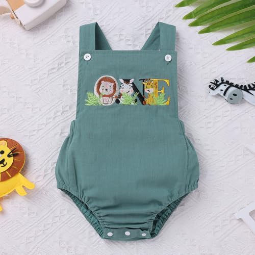 IMEKIS Baby Girls Boys Boho 1st Birthday Outfit Backless Overalls Romper for Cake Smash Photo Shoot - color: Green Animals One, size: 9-12 Months