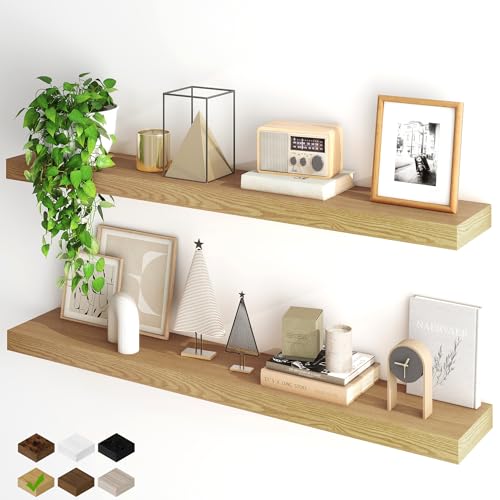 Fun Memories Floating Shelves for Wall, 48Inch Floating Shelves Set of 2, Hanging Shelf with Invisible Brackets, Wood Shelves for Living Room, Bedroom, Kitchen, Oak - color: Oak, size: 48"W x 6.5"D