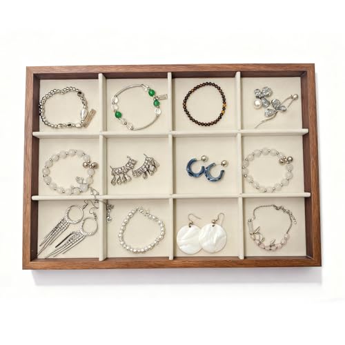 Large Jewelry Trays for Drawers Stackable Velvet Jewelry Display for Vendors Jewelry Drawer Organizer Inserts for Rings Necklace Bracelets Earrings and Studs Earrings (Beige, 12 Grid) - color: Beige, size: 12 Grid
