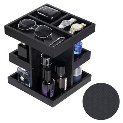 Cologne Organizer for Men, 3-Tier Rotating Cologne Stand with Non-Slip Pads, Large Capacity Wood Perfume Shelf for Desk & Nightstand, Gifts for Men Husband Birthday (Black)