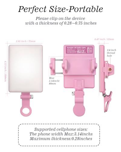 60 LED Portable Selfie Light Video Conference Lighting with Clip & Camera Tripod Adapter Rechargeable 2000mAh CRI 97+, 3 Light Modes for Phone iPhone Webcam Laptop Photo Makeup (Pastel Pink)