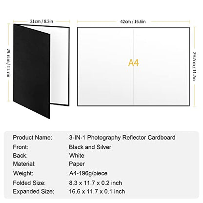Meking 3 in 1 Photography Reflector Cardboard, 12 x 8 inch Folding Light Diffuser Board for Still Life, Product and Food Photo Shooting - Black, Silver and White, 2 Pack - size: 2Pcs A4 Black Silver White