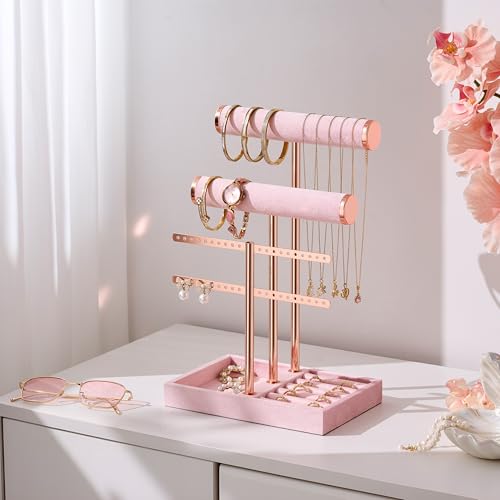 bussdis 3 Tier Bracelet Holder Display - Detachable T Bar Pink Velvet Bracelet Holder, Jewelry Holder Organizer for Bracelet, Necklace, Earrings, Rings - color: Pink, size: Standard
