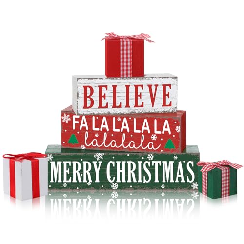 Geelin 4 Pieces Merry Christmas Wooden Table Decorations Xmas Wood Gift Boxes Decor Rustic Christmas Tiered Tray Decor Xmas Believe Tabletop Centerpieces for Home Desk Room Kitchen Shelf - style: Gift