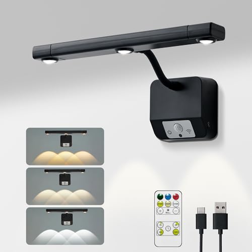 Motion Sensor Picture Light with Remote & Extendable Bar, 600 Lumens Dimmable LED Wall Light, 5000mAh Rechargeable Battery Operated for Artwork, Photos, Hallway, Bedroom,Black - color: Black 1 Pack
