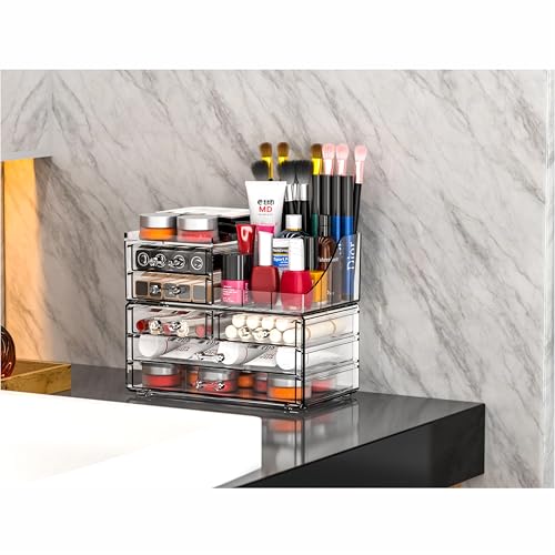 Cq acrylic Make Up Organizers for Vanity With 6 Drawers, 2 Pack Clear Drawer Organizers,Plastic Cute Desk Accessories Organization and Bathroom Organizers Storage Case Box Cube for Beauty,Skin Care - size: 6 Drawers-Set of 2