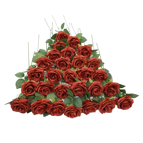 LVEFIT Artificial Rose Flowers Burnt Orange Rose Flowers Silk Flowers 30 pcs with Long Stem Silk Roses Bouquet for Wedding Bridal Shower Party Home Decoration - color: Burnt Orange, size: 30pcs