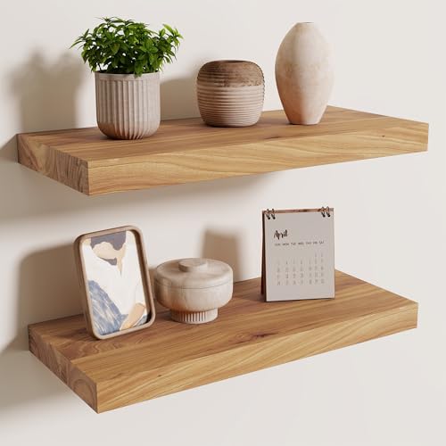 Axeman Floating Shelves for Wall, 18''W x 8'' D Rustic Solid Elm Wood Shelves for Storage, Wall Mounted Display Shelving with Invisible Heavy-Duty Metal Bracket (Natural, 2PCs) - color: Natural Elm With Flat Edge, size: 18 inches - 2P
