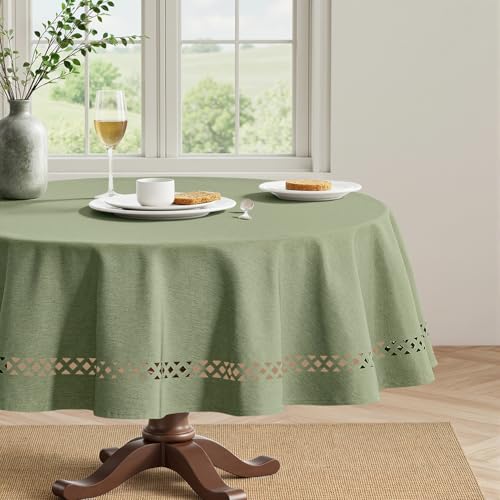 MIULEE Sage Green Round Linen Polyester Tablecloth with Decorative Cutouts Spring Waterproof Stain Resistant & Shrink-Proof Table Cloth 60x60 inch Farmhouse Style for Dining Wedding and Outdoor - color: Sage Green, size: 60" (Round)