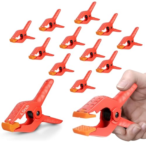 EMART 12 Pack Heavy Duty Spring Clamps 4.5 Inch Plastic Large Professional Backdrop Clips Clamps for Backdrop Stand, Photography Studio, Balloon arch, Photoshoot, Woodworking, Crafts, Pool Cover-Red - color: Red and Orange, size: 4.5inch