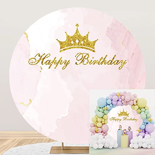 Leyiyi 4x4ft Happy Birthday Round Backdrop Cover Pink Marble Glitter Gold Princess Crown Photography Background for Baby Girl Newborn Kids Birthday Party Decoration Studio Props Photo Booth Props - size: 4x4ft-Diameter
