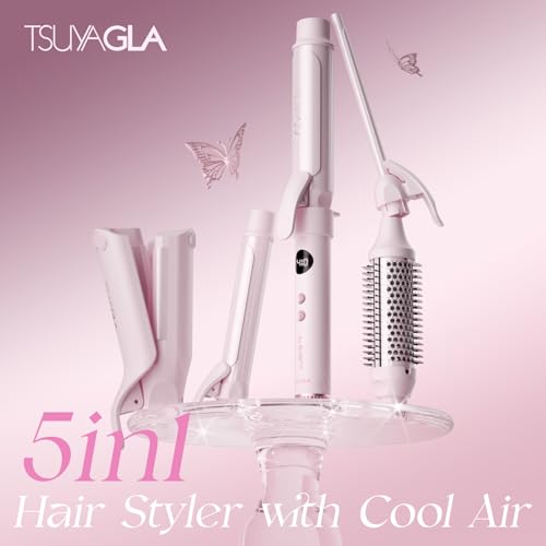TSUYAGLA 5 in 1 Curling Iron Set with Airflow Cooling for Long-Lasting Curls, Ionic Ceramic Hair Curler with 3/8", 1", 1.5" Barrels, Crimper & Thermal Brush, Dual Voltage, 250–410℉