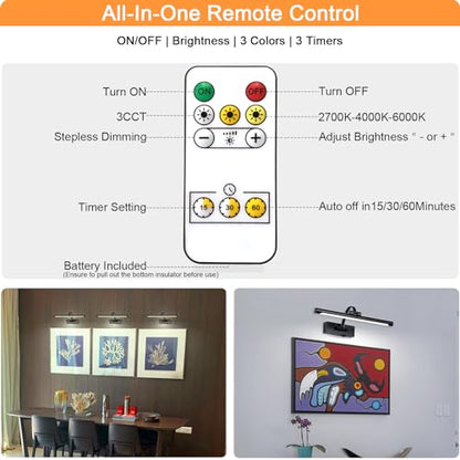 Tassuowell Wireless Battery Operated Picture Light,Rechargeable Wall Light with Remote and Timer,15.75 Inch Black Dimmable Painting Light,3CCT with Adjustable Swing Arm for Display Gallery Lighting - color: Black, size: 15.7inch