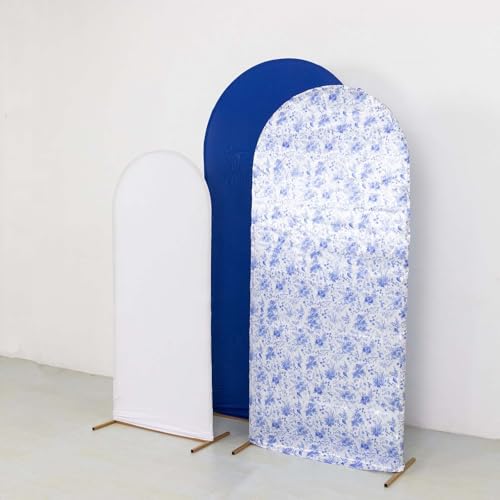 Efavormart Set of 3 White Blue French Toile Chiara Arch Backdrop Covers (7ft/6ft/5ft), Round Top Snug Fit, Double-Sided Matte Spandex, Elegant Pattern Design for Bridal Shower, Events - color: Floral Blue
