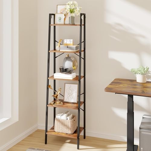 Hzuaneri Ladder Shelf, Bookshelf Bookcase, Freestanding Corner Storage Shelve with 2 Hooks for Home Office, Living Room, Kitchen, Bedroom, Industrial, 11.8" D x 17.3" W x 63" H, Rustic Brown BC19201B - color: Rustic Brown, size: 11.8"d X 17.3"w X 63"h