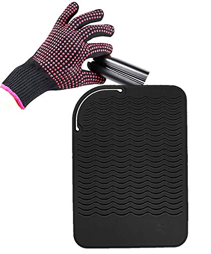 Heat Resistant Silicone Glove and Mat Set for Curling Iron, Hair Straightener, Flat Irons - 9" x 6.5" Food Grade Silicone Mat, Black - color: Black G