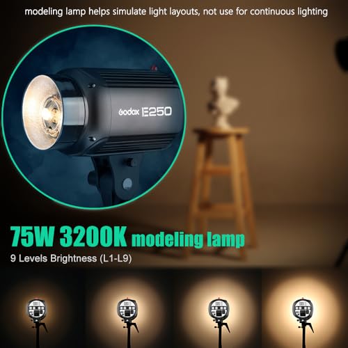 Godox 750W Professional Studio Strobe Flash Light Kit, 3-Light Godox Strobe Lighting Kit for Photography, 3x250W 5600K Monolights with Strobe Trigger, Softbox, Light Stands, Boom Arm