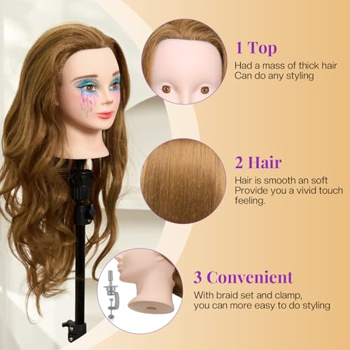 Mannequin Head with 80% Real Human Hair with Tripod Stand - 28" Makeup Cosmetology Manikin Doll Head for Hair Styling, Hairdressing Training Head for Braiding Practice Suitable for Hair Extensions - color: Brown &Tripod Set