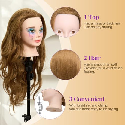 Mannequin Head with 80% Real Human Hair with Tripod Stand - 28" Makeup Cosmetology Manikin Doll Head for Hair Styling, Hairdressing Training Head for Braiding Practice Suitable for Hair Extensions - color: Brown &Tripod Set