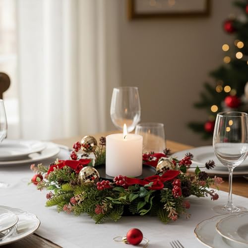 MOYEE Candle Holder Centerpieces for Tables,Candle Ring,Wreaths, Black Metal Candle Stick Paired Artificial Flowers 14 in Versatile Dining Table Centrepiece - color: Red Bow Pinecone Wreath