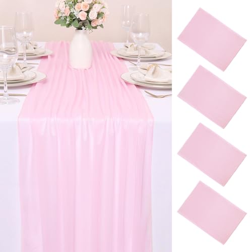 4 Pcs 10FT Blushing Pink Chiffon Table Runners 30x120 Inches Spring Boho Rustic Tulle Sheer Table Runner for Wedding Bridal Baby Shower Birthday Party Decorations - color: Blushing Pink, size: 10FT × 4pcs