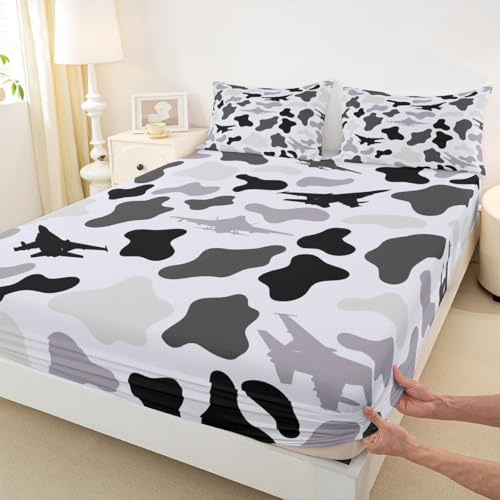 Manfei Grey Camouflage Fitted Sheet Full Size,Military Aircraft Camo Bedding Set 3pcs,Airplane Themed Camo Bed Sheets with 2 Pillowcases,Kids Boys Girls Room Decor,Soft Deep Pocket Bedding(No Flat) - color: Grey, size: Full (54*75*16")