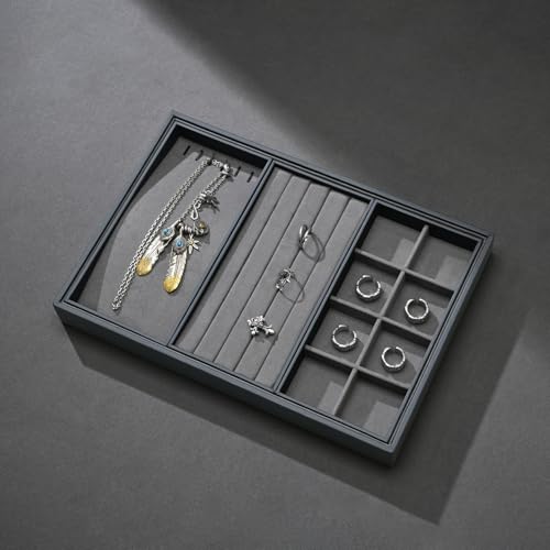 Grey Microfiber 4 in 1 Stackable Jewelry Organizer Trays Jewelry Rings Necklace Earrings Display Trays - size: 3 Grid