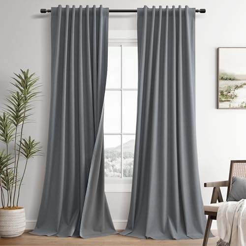 Guken Grey Linen 100% Blackout Curtains for Bedroom 84 Inches Long Textured Elegant Back Tab Hook Belt Room Darkening Thermal Insulated Soundproof Drapes Living Room Office 2 Panels Set 52x84 7Ft - color: Grey, size: 52"W x 84"L (Pack of 2)
