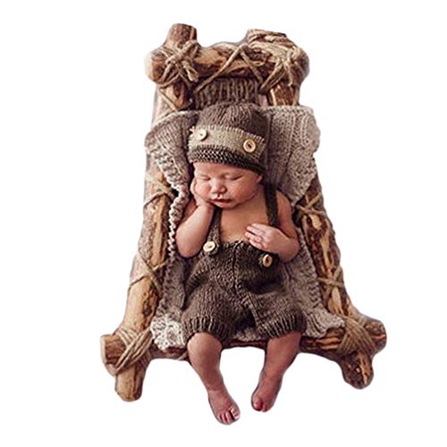 Newborn Baby Photo Shoot Props Girl Boy Crochet Knit Hat Costume Stripe Hat Pants Overalls Photography Props - color: Brown