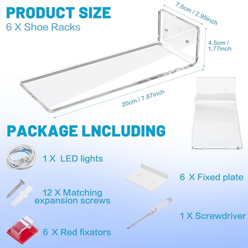 DILIBRA Set of 6 Floating Shoe Display Shelf with Lights, Glow Color Changing Clear Acrylic Shoe Shelf for Wall, Levitating Sneaker Shelves Wall Mount for Display Your Top Shoes Collection - color: 6pcs+clear, size: 6pcs