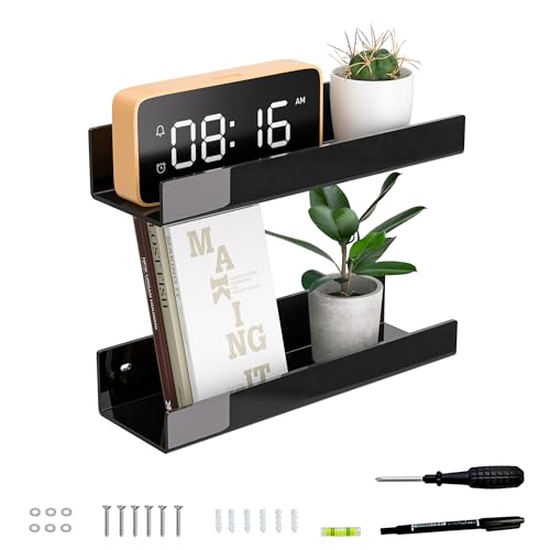12 Inches Black Acrylic Wall Shelf for Home, 2 Pack, Acrylic Organizer Shelves for Wall, Wall Mounted Storage Display Shelf - color: Black, size: 12 Inch