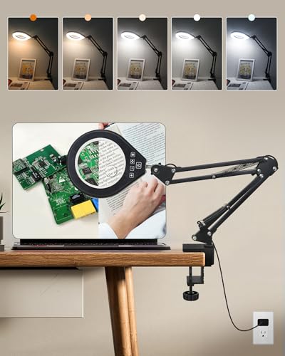 Magnifying Glass with Light, 10X & 5X Real Glass & Anti-Glare Lens, 5 Color Mode Stepless Dimmable LED Desk Magnifying Lamp, Hands-Free Desk Lamp with Clamp for Crafts Reading Repair Hobby (White) - color: White
