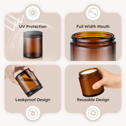 8 oz Amber Glass Jars with Metal Lids, 12 Pack Amber Small Glass Jars with Black Lids, Lotion Container Empty Cosmetic Travel Containers for Sample, Cream, Lotion, Honey, Powder - color: Amber-Metal Lids, size: 8 Ounces