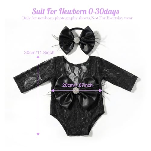 ForBaysy Newborn Photography Props Girls Outfit Feather Bow Lace Romper Newborn Dress - color: Black