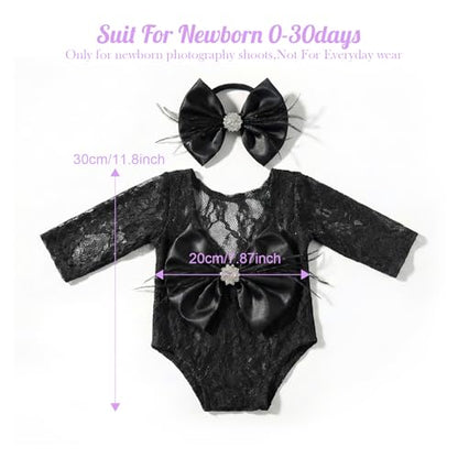 ForBaysy Newborn Photography Props Girls Outfit Feather Bow Lace Romper Newborn Dress - color: Black