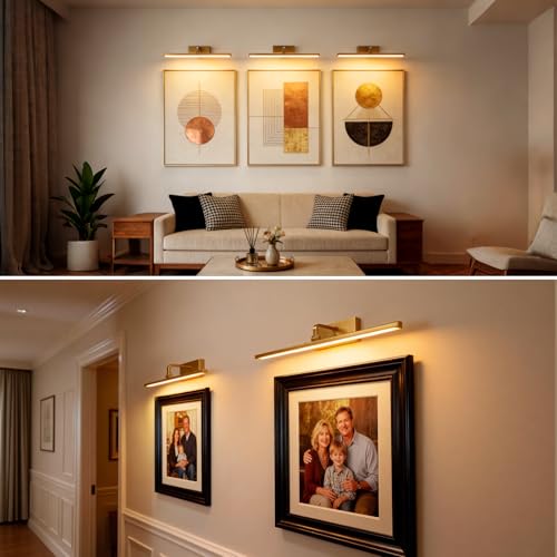 Picture Light for Wall Painting Lighting,Remote Control Art Display Light,3 Lighting Colors Brightness Dimmable Timer Auto-Off,High Lighting Your Gallery Poster Portrait Frame Dartboard - color: Gold