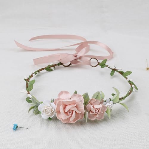 Flower Girl Flower Crown Pink Baby Girls Floral Headpieces Kids Headband Children Hair Wreath Photo Prop (Blush & White-Child Size) - color: Blush & White