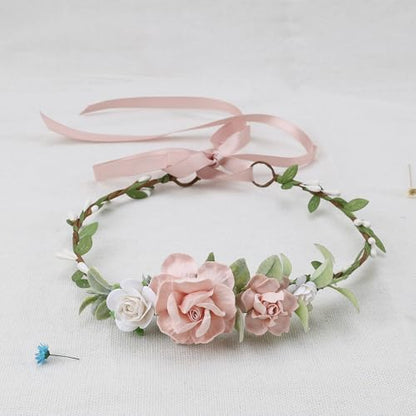 Flower Girl Flower Crown Pink Baby Girls Floral Headpieces Kids Headband Children Hair Wreath Photo Prop (Blush & White-Child Size) - color: Blush & White