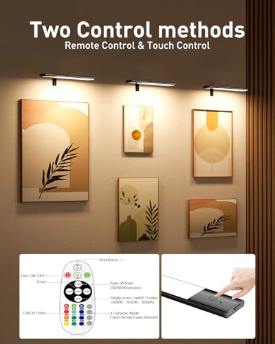 Diomart Picture Lights for Wall, 12'' Dimmable Remote LED Art Light with 15 Color Temps, USB-C Rechargeable Battery Picture Light Wireless, Timer, for Paintings, Canvas, Photos, Bedroom（Black） ﻿