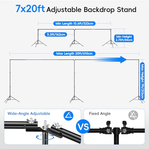 Photo Video Studio Large 20x7ft Adjustable Backdrop Stand, Photography Background Support System Kit with 310° Angle Rotatable Connector, 8 Clamps, 3 Sandbags and Carrying Bag - size: 7x20ft